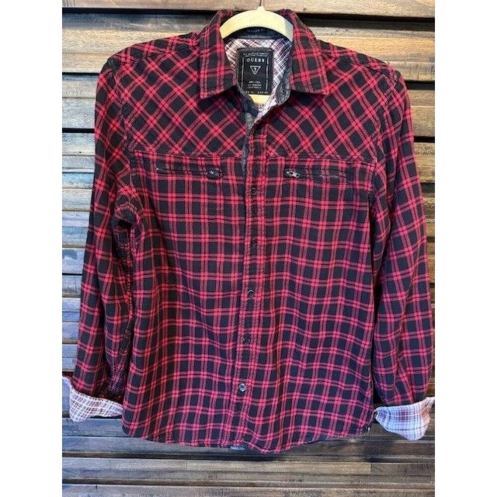Mens Guess Flannel Shirt Red Long‎ Sleeve Plaid MED Fold Up Sleeve Soft EUC